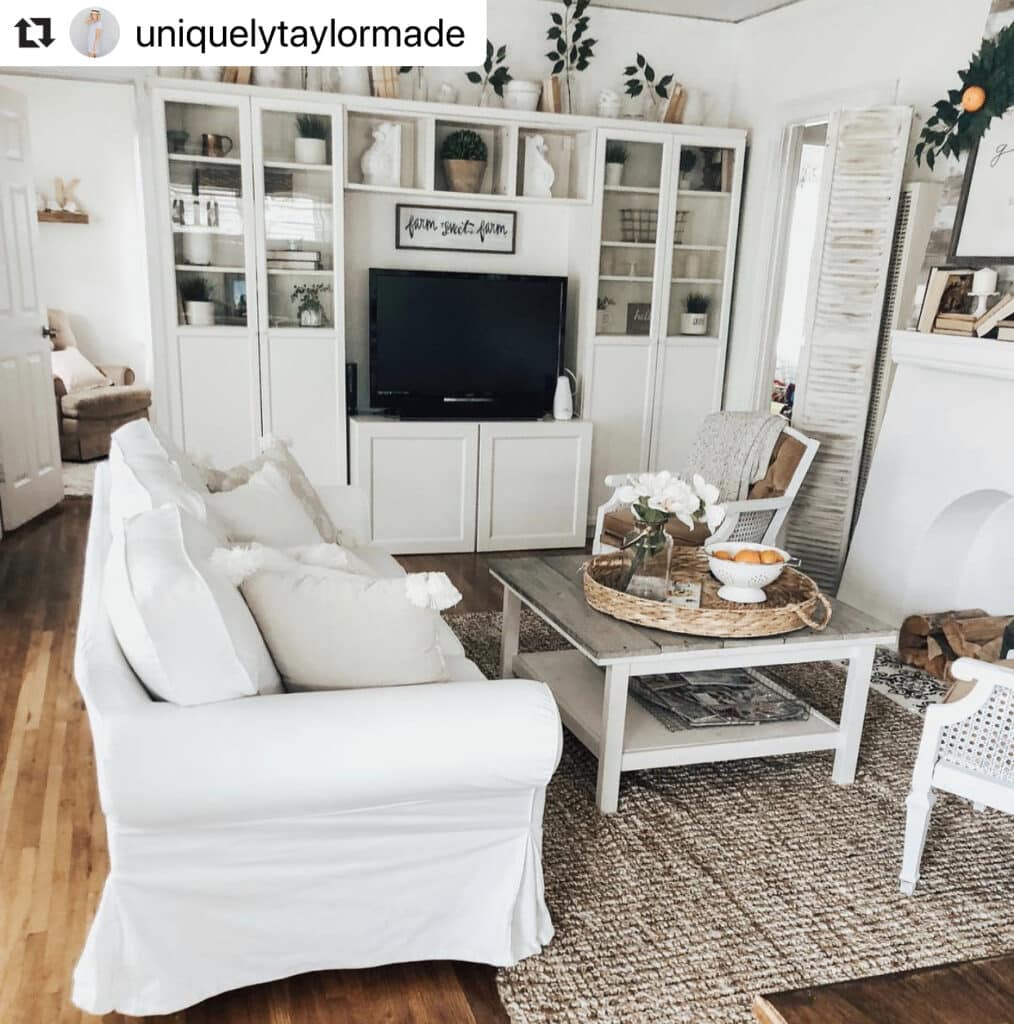 White themed living room with a sofa, coffee table, and shelves