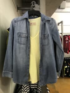 Yellow sleeveless top with denim long sleeved denim shirt