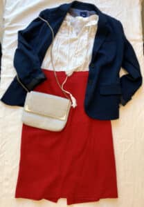 White lace top with a statement red pencil skirt and a navy blazer