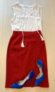 White lace top with a statement red pencil skirt and royal blue shoes