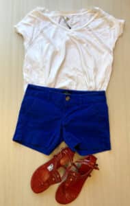 Blue shorts with a classic white t-shirt and red sandals