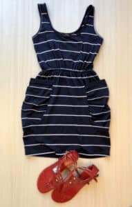 Navy and white striped dress and red sandals