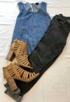 Accented black jeans with a denim top and some casual heels