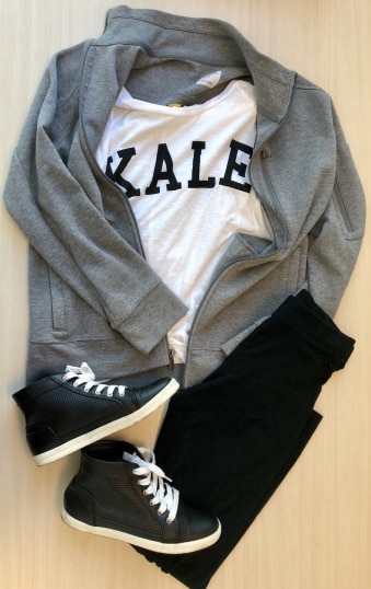 White t-shirt with text that reads kale on the front, Grey jacket, black leggings, and black shoes