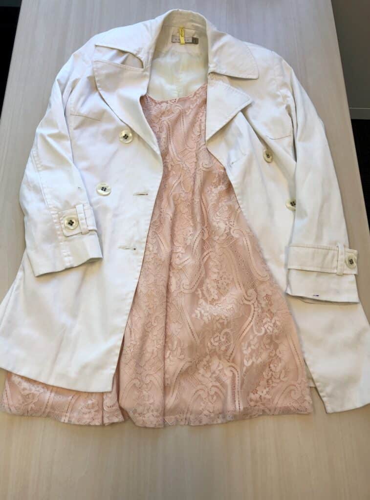 Pink dress and white outerwear
