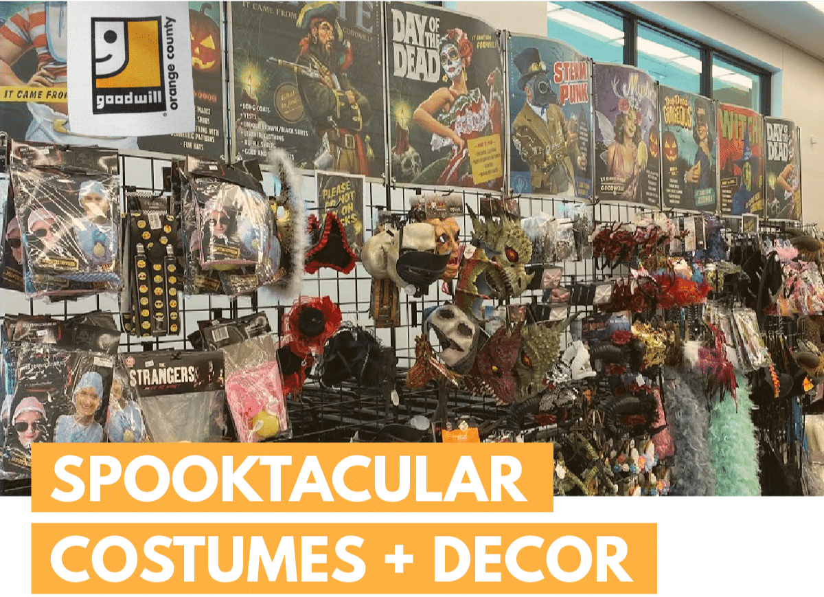Halloween products, posters and costumes displayed at Good will, Orange county