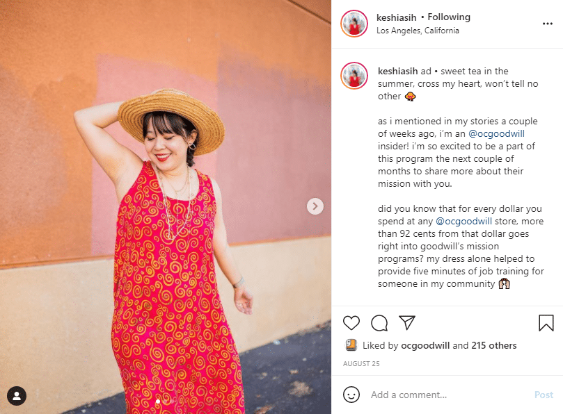 KESHIASIH's Instagram post about goodwill