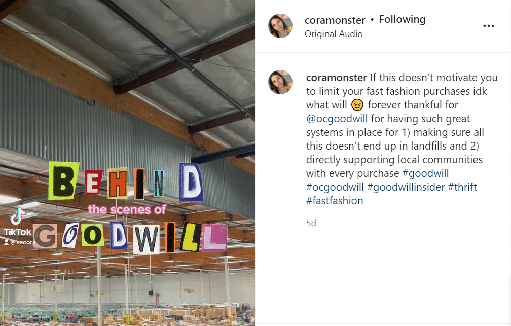 Coramonster's Instagram post about goodwill
