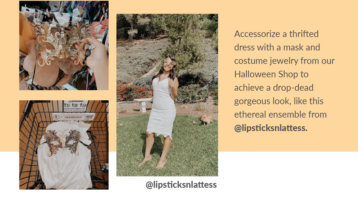 A lady wearing thrifted dress with a mask and costume jewelry from halloween shop