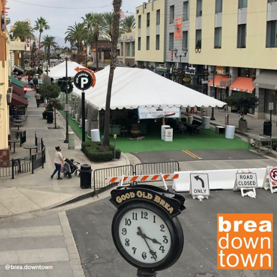 eateries and entertainment venues at Birch Street and Brea Blvd
