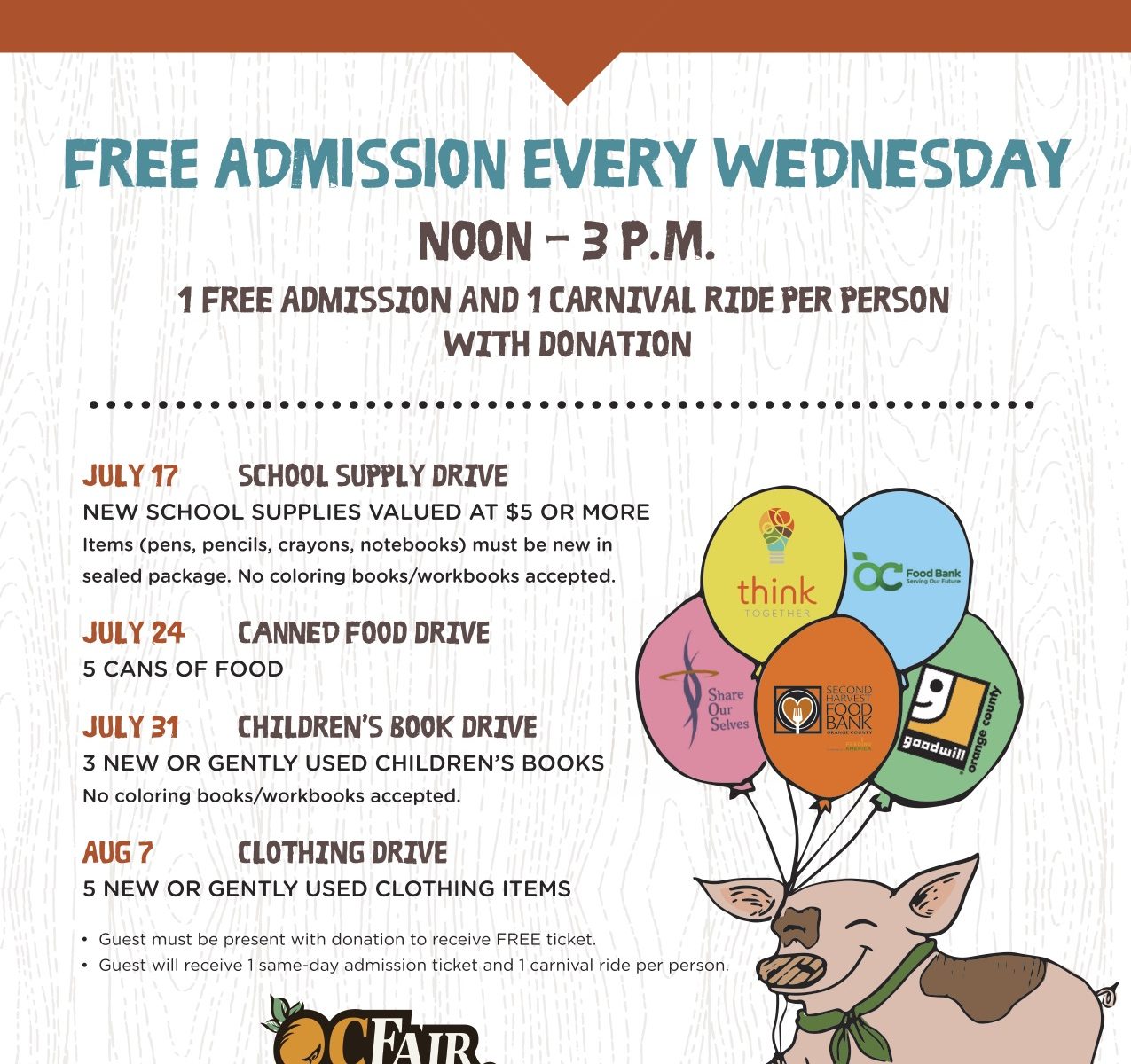 OC Fair We Care Wednesday Invitation card with events listed