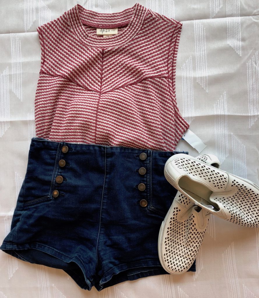 Denim shorts, sneakers, and a simple striped tee