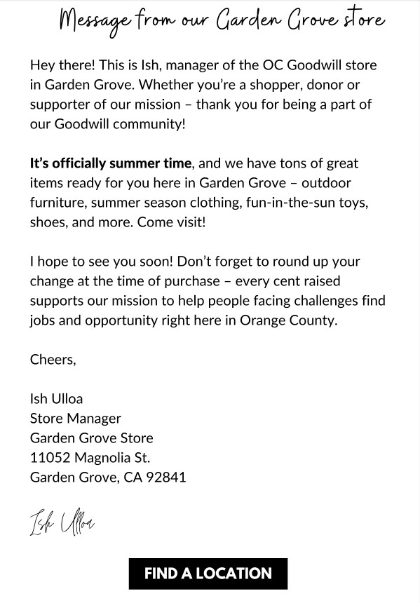 Message from Garden Crove store