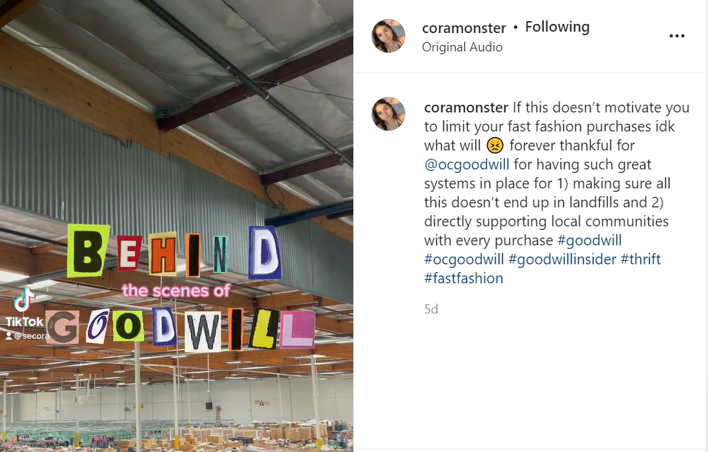 Coramonster's Instagram post about goodwill