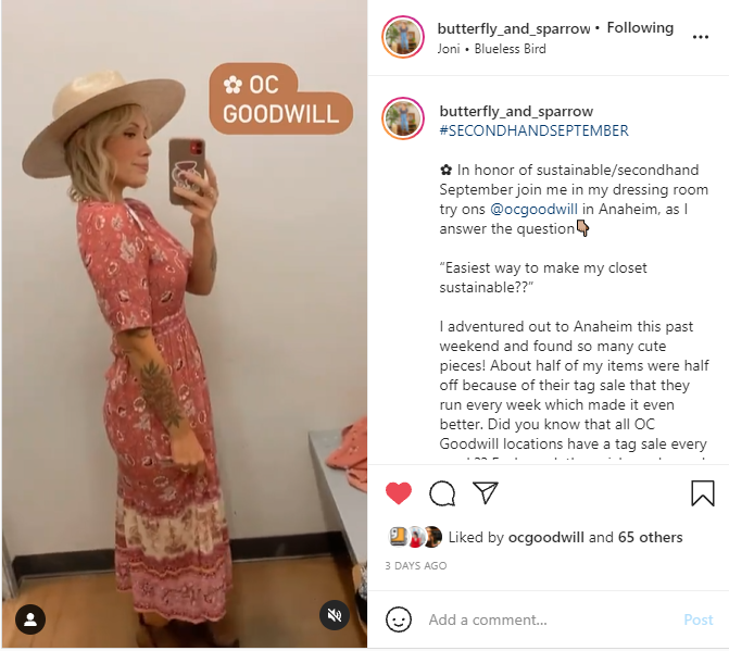 butterfly and sparrow's  Instagram post about goodwill