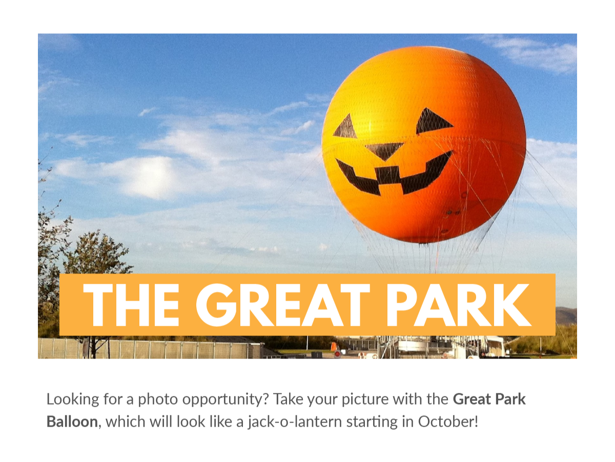 Poster of the great park showing a big Halloween pumpkin balloon.