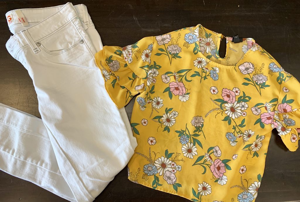 Floral blouse and white jeans